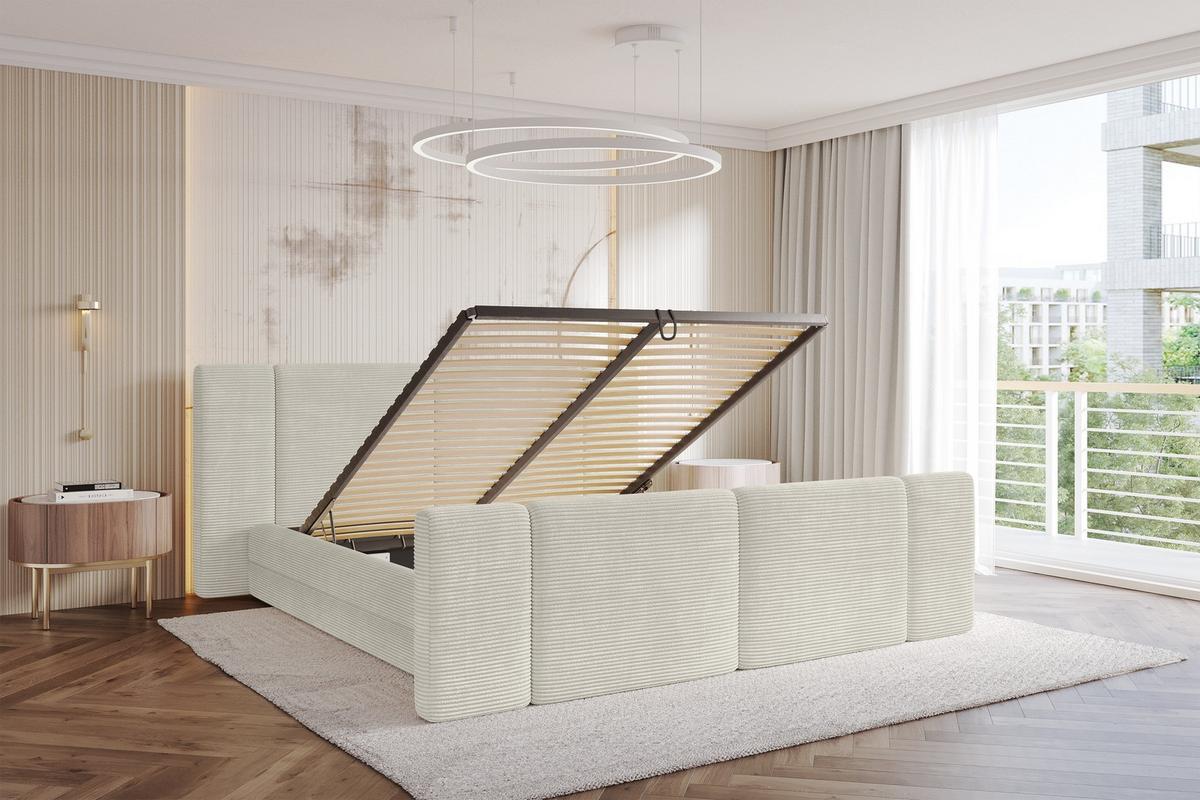 POLSTERBETT mit Bettkasten, Fußteil und Lattenrost, Bett mit Matratze H3/H4 - TEVO-Z 140x200 Creme - Sahara, Holzwerkstoff/Textil (140/200cm) - ALTDECOR