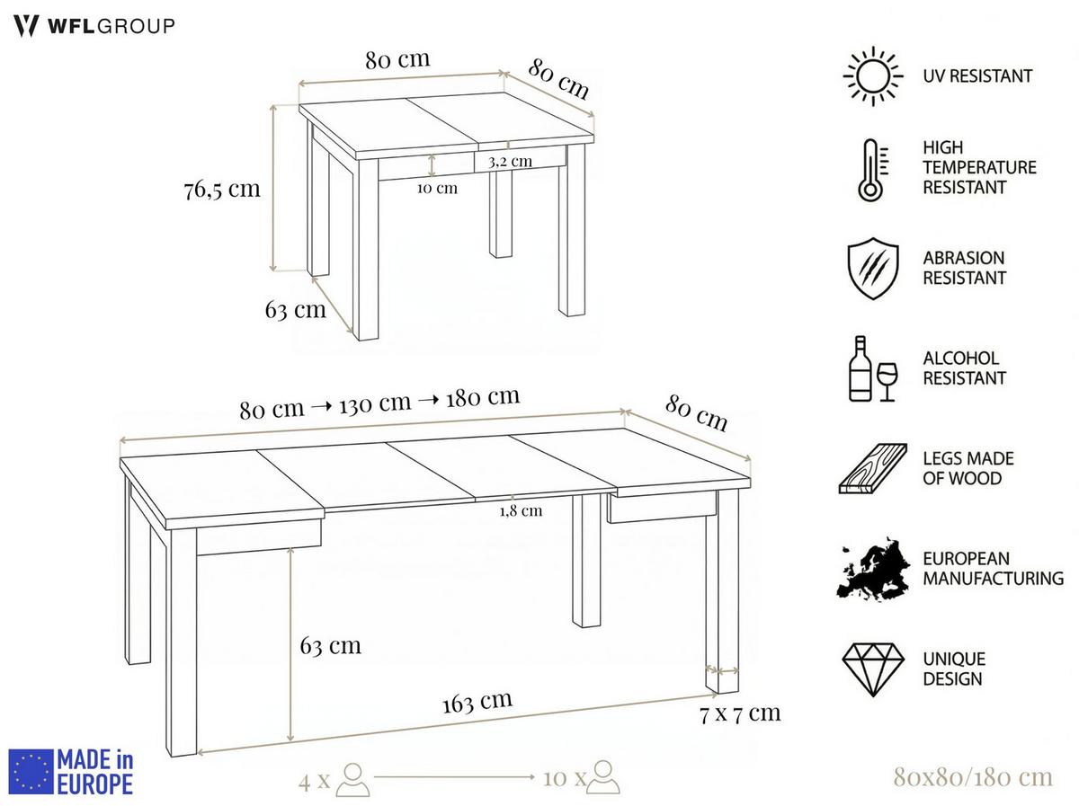 ESSTISCH Toren ausziehbar verlängerbar quadratisch, Eiche Braun Rustikal 80-180/80/76.5 cm - Alteiche/Schwarz, Holz/Holzwerkstoff (80/180/76.5cm) - WFL GROUP