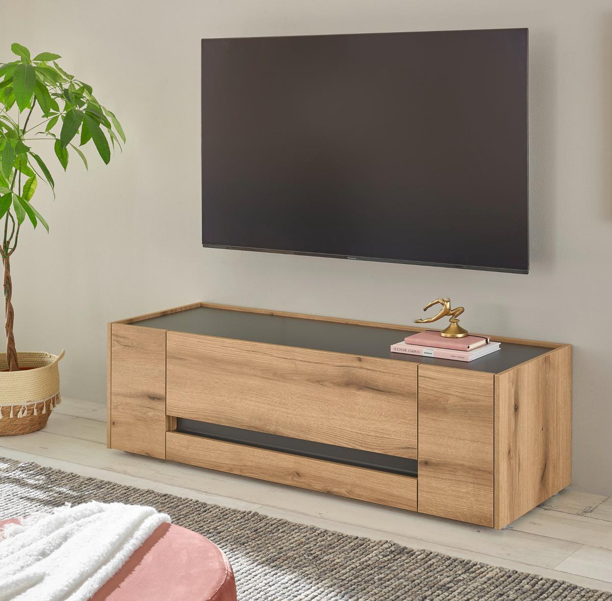 TV-LOWBOARD Eiche Evoke, grau 140 cm, TV-Unterteil mit Doppelschubkasten - Eichefarben/Schwarz, Holzwerkstoff/Kunststoff (140/40/45cm) - Furn.Design