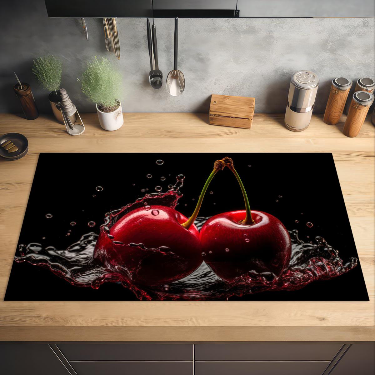 HERDABDECKPLATTE Kirsche - Rot - Frucht - Wasser - Schwarz Induktionsschutz 91.6x52.7 cm - Kirschrot, Kunststoff (91.6/52.7/0.2cm) - MuchoWow