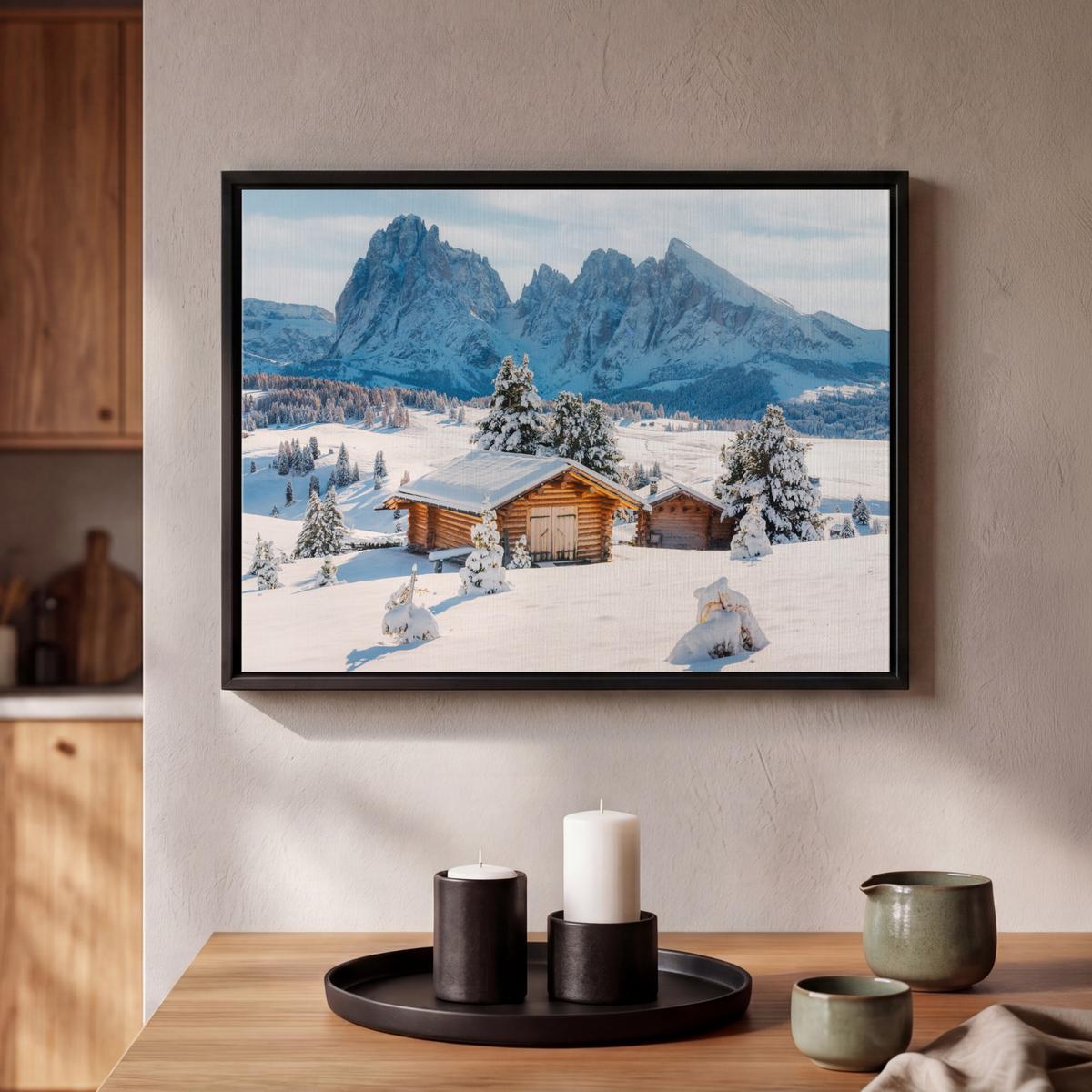 LEINWAND Bilder mit Rahmen - Winter - Hütte - Berge - Aussicht - Schnee - 40x30 - Eichefarben, Textil (40/30cm) - MuchoWow