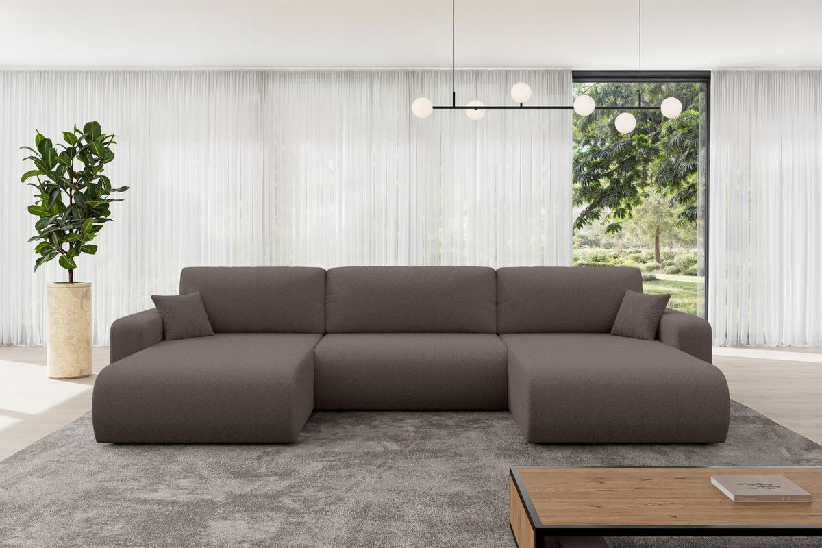 WOHNLANDSCHAFT mit Schlaffunktion und Bettkasten BERY-U 377x193x88 Braun Bouclé - Schwarz/Braun, Holzwerkstoff/Kunststoff (377/88/193cm) - ALTDECOR