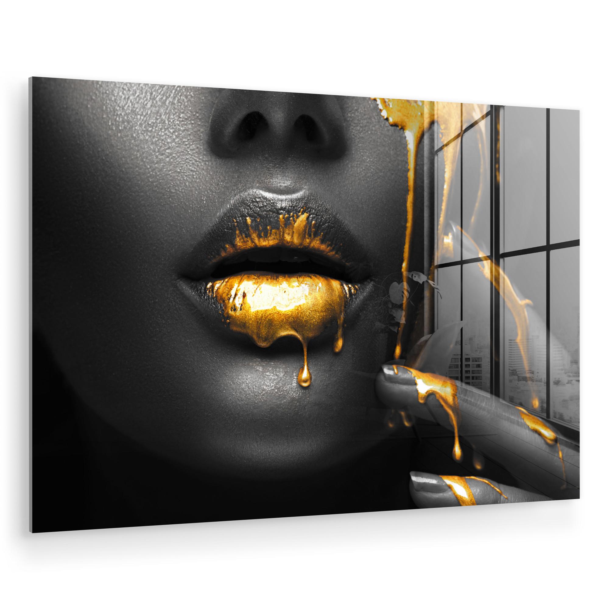 ACRYLGLASBILD Frau - Schwarz - Gold - Gesicht - Lippen Wanddeko 60x40 cm - Goldfarben, Glas (60/40cm) - MuchoWow
