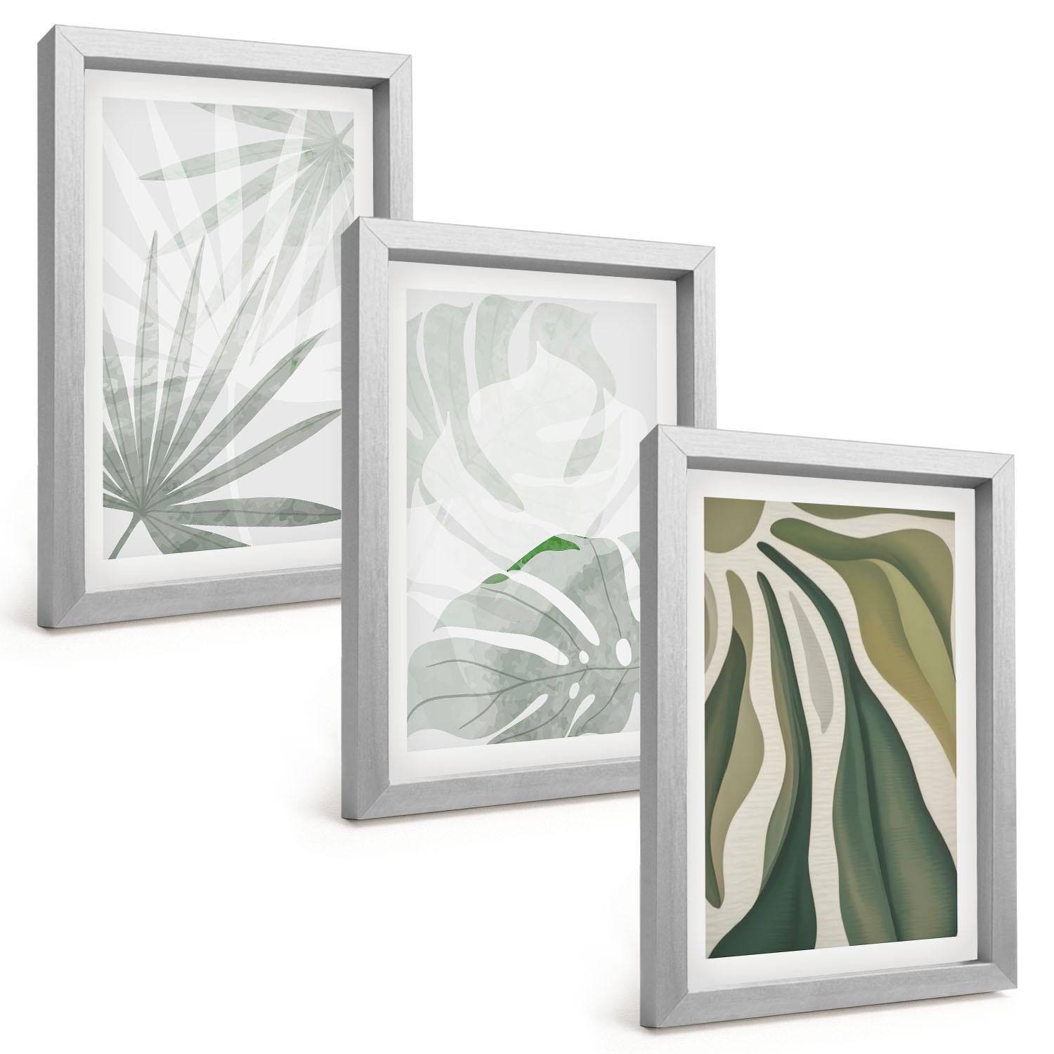 BILDER SET 3er Set - 20x30 cm Silberner Rahmen - Blätter von Pflanzen in Grün und Grau - Silberfarben, Kunststoff (20/30cm) - TULUP