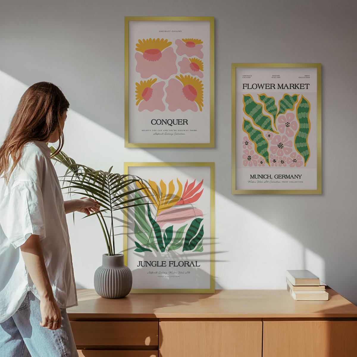 BILDER SET 3er Set - 40x60 cm Goldrahmen - Blumen und Blätter – moderne Poster - Goldfarben, Kunststoff (40/60cm) - TULUP