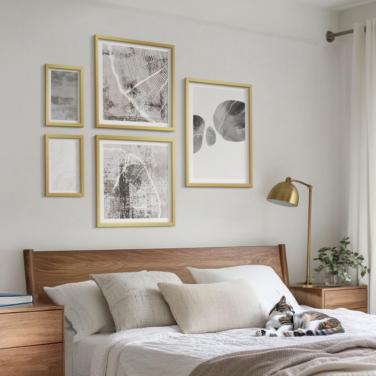 BILDER SET 5er Set - 50x50 cm & 20x30 cm & 40x60 cm Goldrahmen - Abstrakte moderne Formen - Goldfarben, Kunststoff (40/60cm) - TULUP