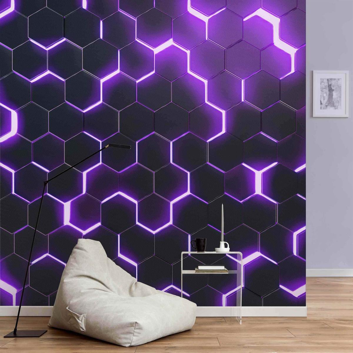 FOTOTAPETE Strukturierte Hexagone mit Neonlicht in Lila 240/240 cm - Schwarz, Papier (240/240cm) - Bilderwelten