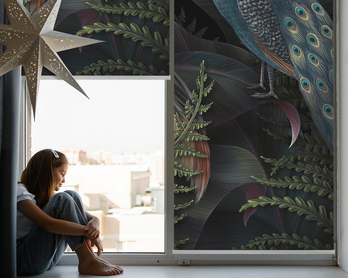 INNENROLLO - Fensterrollo - Rollo - 120x140 cm - Vögel im Grünen - Schwarz, Kunststoff (120/140/0.5cm) - TULUP
