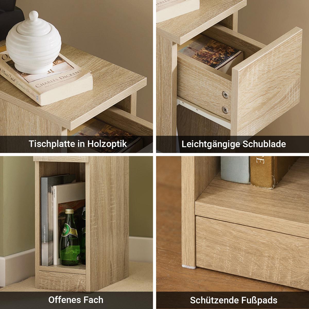 NACHTTISCH 2er Set Schmal mit Schublade, Natur, 20x35x60 cm, mit Schublade & offenes Fach, Schlafzimmer/Wohnzimmer - Naturfarben, Holzwerkstoff (20/60/35cm) - SoBuy