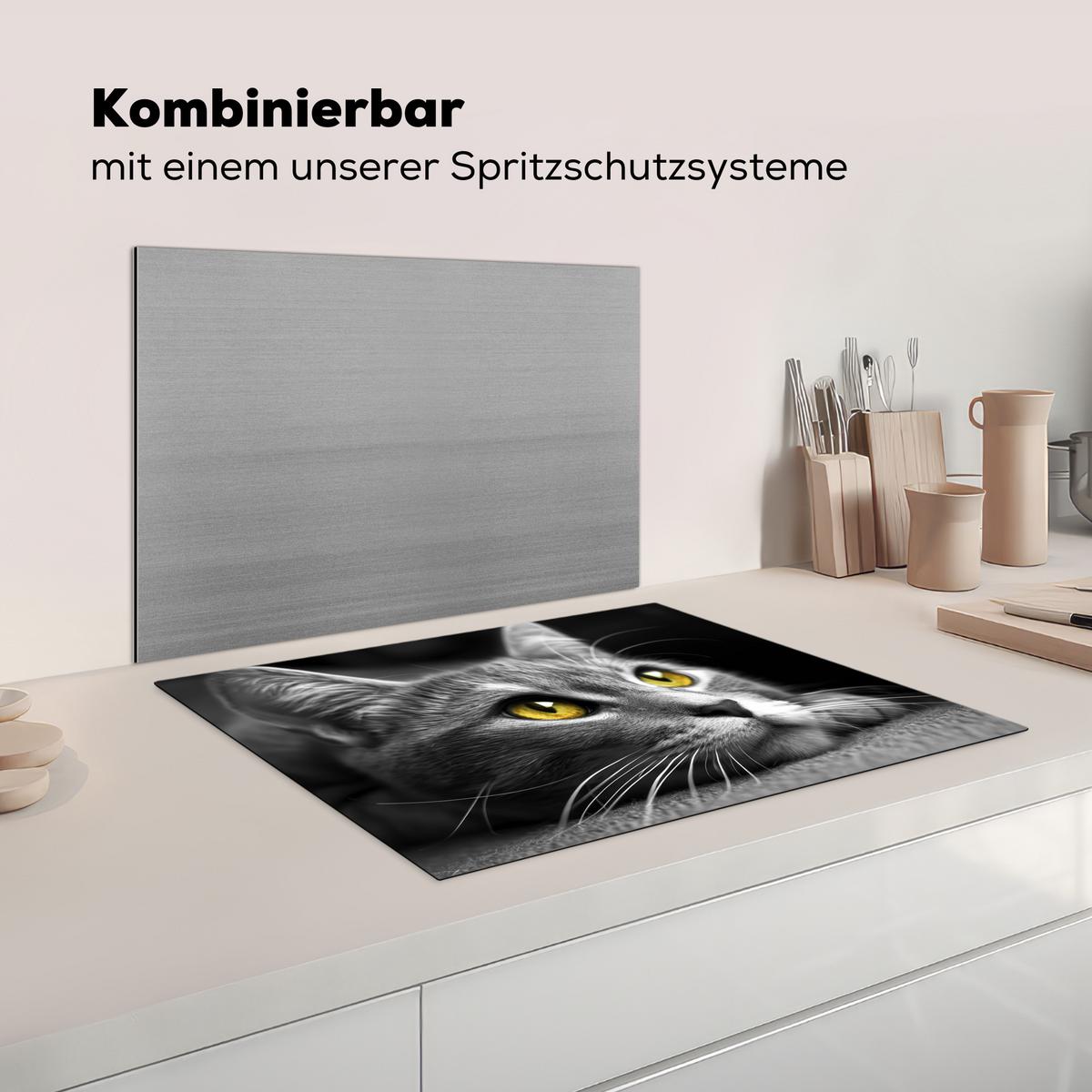 HERDABDECKPLATTE Katze - Grau - Tiere - Katze Herdabdeckung Induktionsfeld 70x52 cm - Grau, Kunststoff (70/52/0.2cm) - MuchoWow