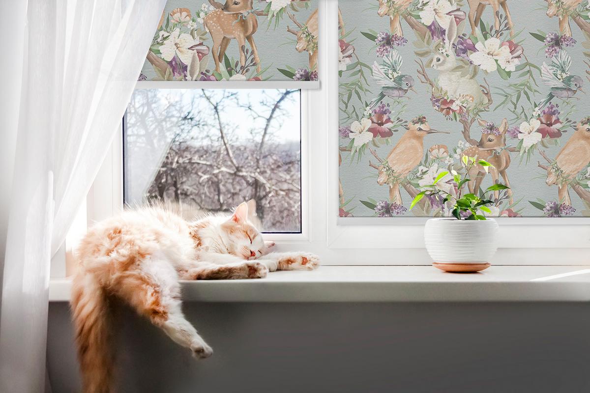 INNENROLLO - Fensterrollo - Rollo - 100x100 cm - Vögel, Rehe und Kaninchen - Braun, Kunststoff (100/100/0.5cm) - TULUP