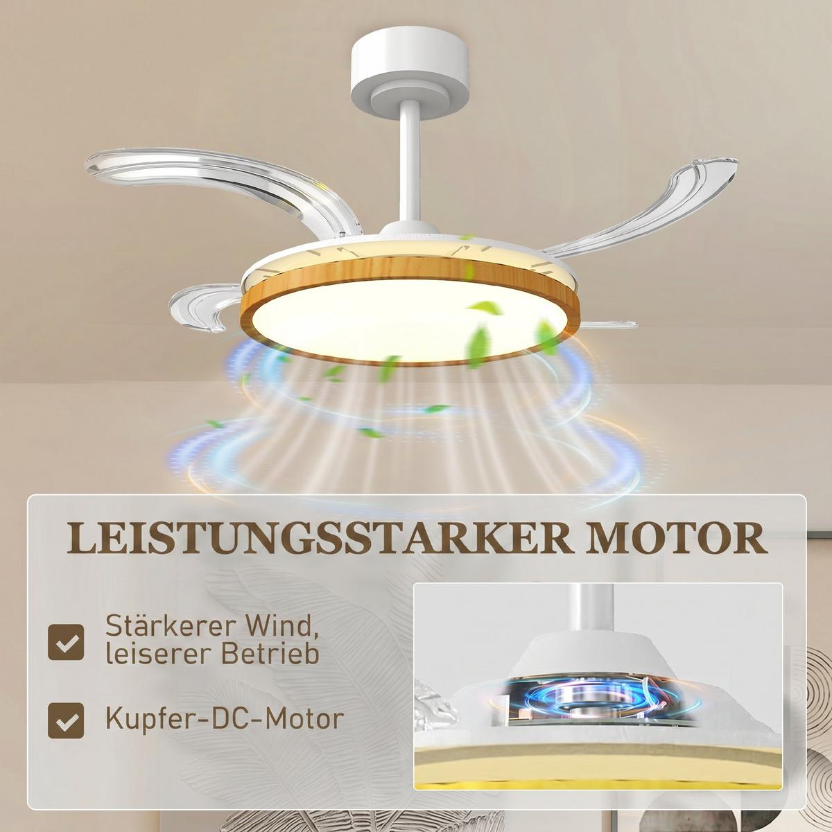 DECKENVENTILATOR-MIT-LICHT Stahl Naturholz - Naturfarben, Metall (95/95/36cm) - HOMCOM