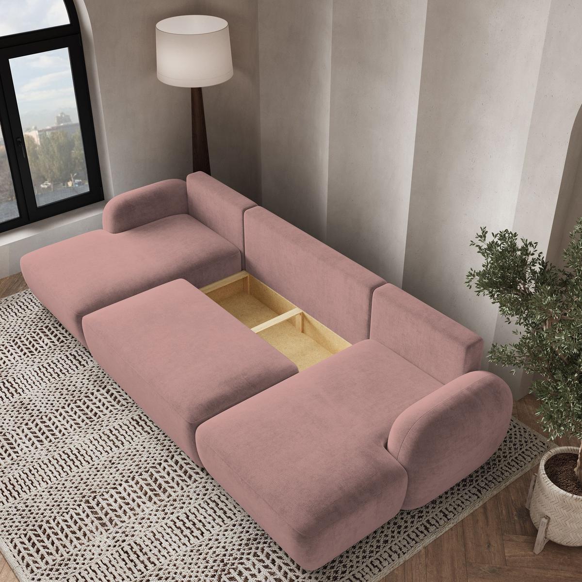 WOHNLANDSCHAFT SAVONA K Rosa Plüsch-Stoff mit Schlaffunktion - Schwarz/Rosa, Holz/Kunststoff (320/90/148cm) - MASSENO