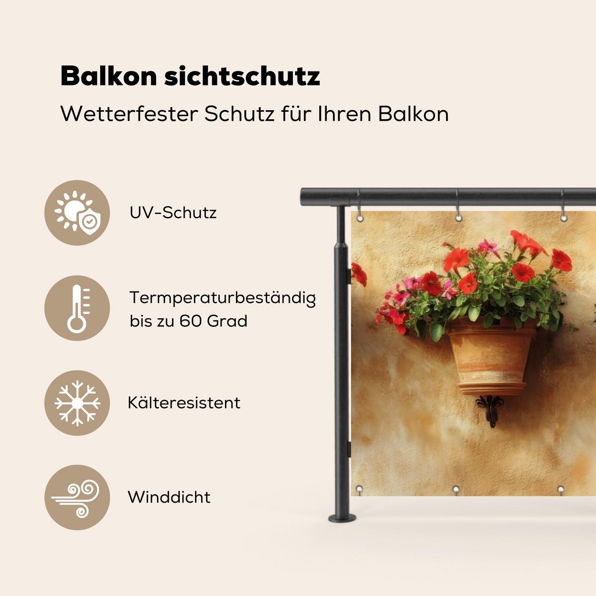 BALKON-SICHTSCHUTZ Blumentöpfe - Wand - Vintage Windschutz 300x100 cm - Terracotta, Kunststoff (300/100cm) - MuchoWow