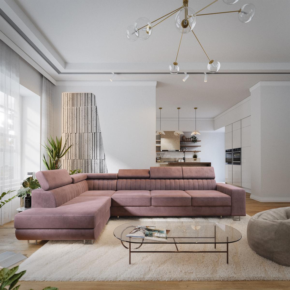 ECKSOFA HESTION Lila Velours-Stoff mit Schlaffunktion - Lila, Holz (332/190cm) - MASSENO