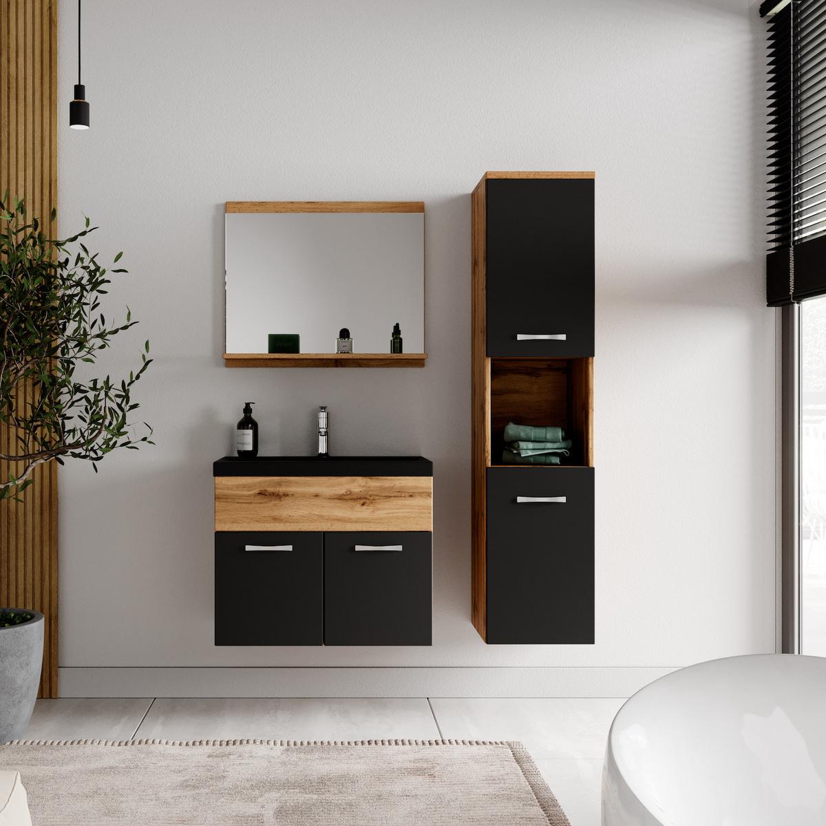 BADMÖBEL-SET Montreal 4 Teile Eiche / Schwarz - 60 x 35 x 51 cm - Eichefarben/Schwarz, Holz (60/51/35cm) - Badplaats