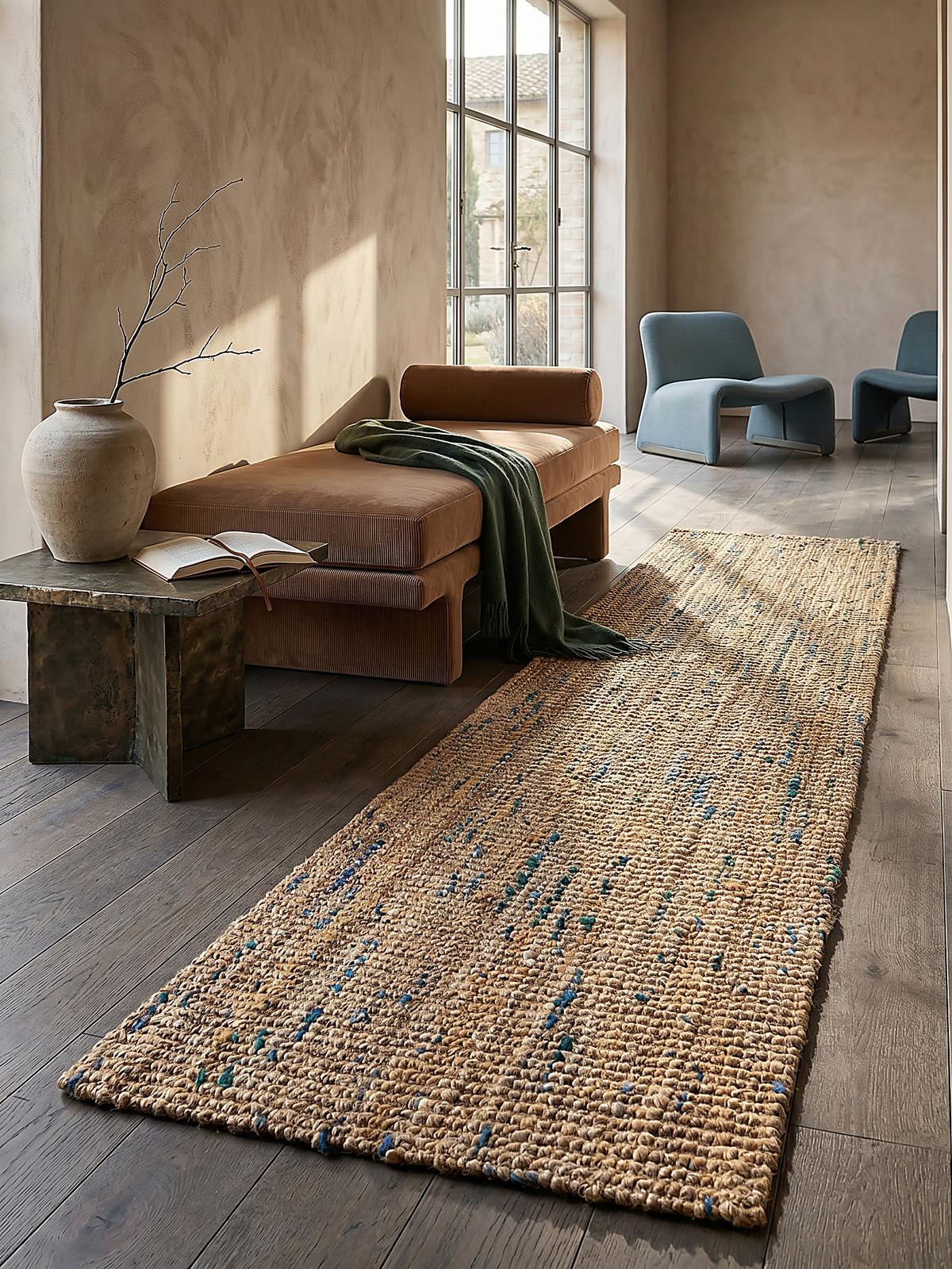 JUTETEPPICH handgewebt ERME, in Naturjute, Natur-Blau, 60 x 230 cm - Beige, Textil (230/60cm) - KADIMA DESIGN