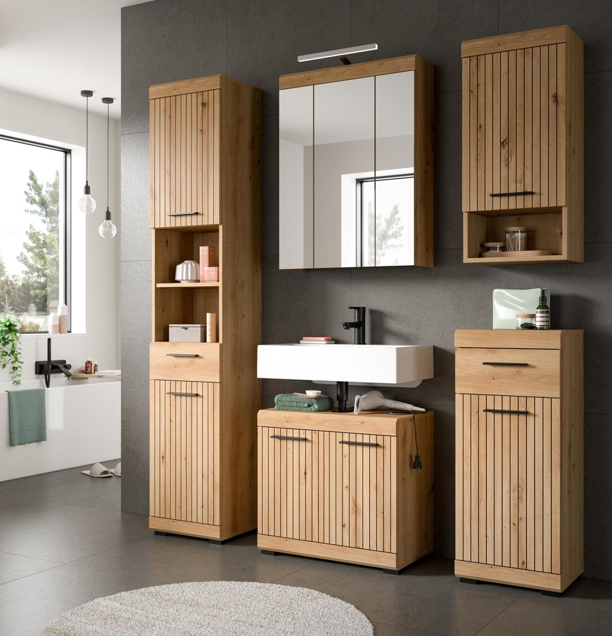 WASCHBECKENUNTERSCHRANK Eiche Artisan 60 cm, Badezimmer Unterschrank auf Rollen - Schwarz/Eiche Artisan, Holzwerkstoff/Kunststoff (60/60/34cm) - Inn.Furn