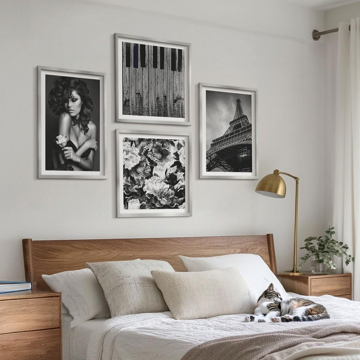 BILDER SET 4er Set - 50x50 cm & 40x60 cm Silberner Rahmen - Porträt einer Frau mit einer Eiffel-Rose - Silberfarben, Kunststoff (50/50cm) - TULUP