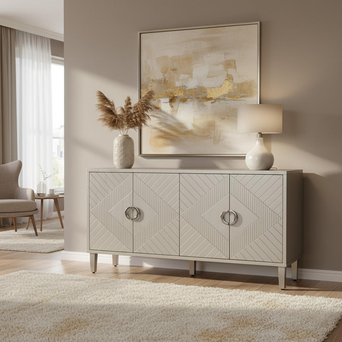 SIDEBOARD Grau Holzoptik mit 4 Türen & Kiefernholzbeinen - Grau, Holzwerkstoff (152/83/40cm) - Urban Meuble