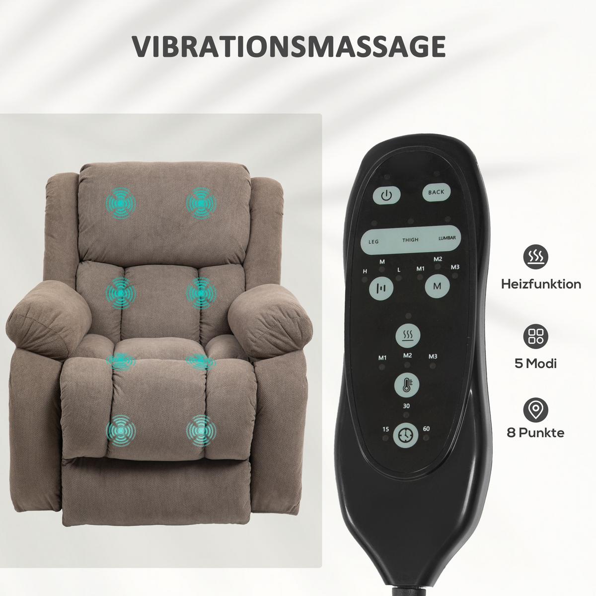 FERNSEHSESSEL mit Aufstehhilfe, Relaxsessel mit Liege-, Massagefunktion, Braun - Hellbraun/Schwarz, Textil/Metall (104/100/93cm) - HOMCOM