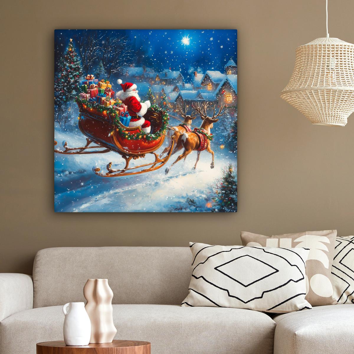 LEINWANDBILD Weihnachtsmann - Rentier - Weihnachten - Schnee Deko Groß 90x90 cm - Cognac, Textil (90/90cm) - MuchoWow