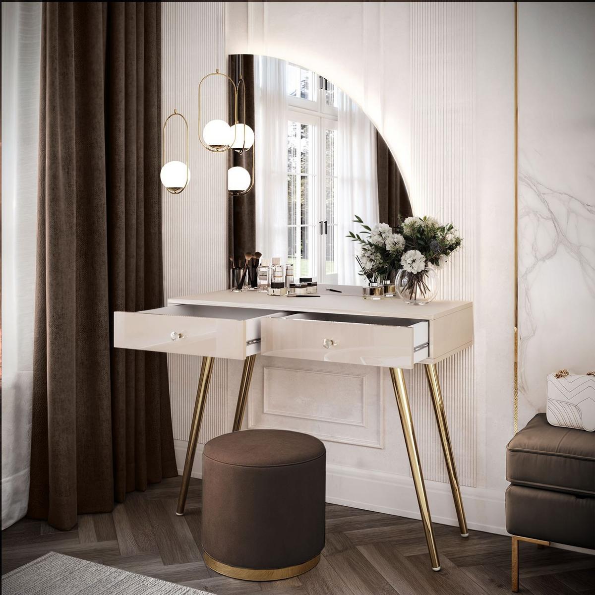 SCHMINKTISCH SIENNA-QS KASCHMIR mit LED-Spiegel Kristallgriff - Beige, Holzwerkstoff (100/81/42cm) - Lookway
