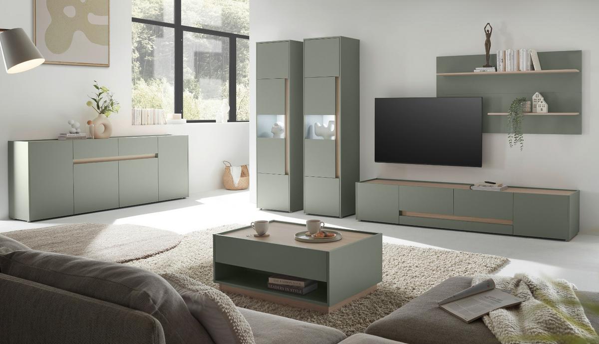 WANDPANEEL Salbei grün, Barista Eiche 155 x 80 cm, Wandregal mit 2 Ablagebödem - Salbeigrün/Eichefarben, Holzwerkstoff/Metall (155/80/20cm) - Furn.Design