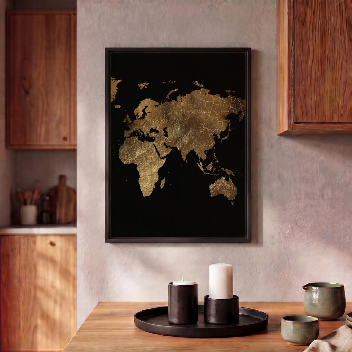 LEINWAND Bilder mit Rahmen - Weltkarte - Gold - Luxus - Erde - Schwarz - 30x40 - Goldfarben, Textil (30/40cm) - MuchoWow