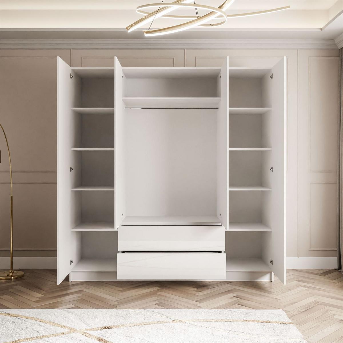 KLEIDERSCHRANK AUREL 4D2SZ mit Schubladen - Weiß Hochglanz, Holzwerkstoff (200/200/57cm) - Lookway