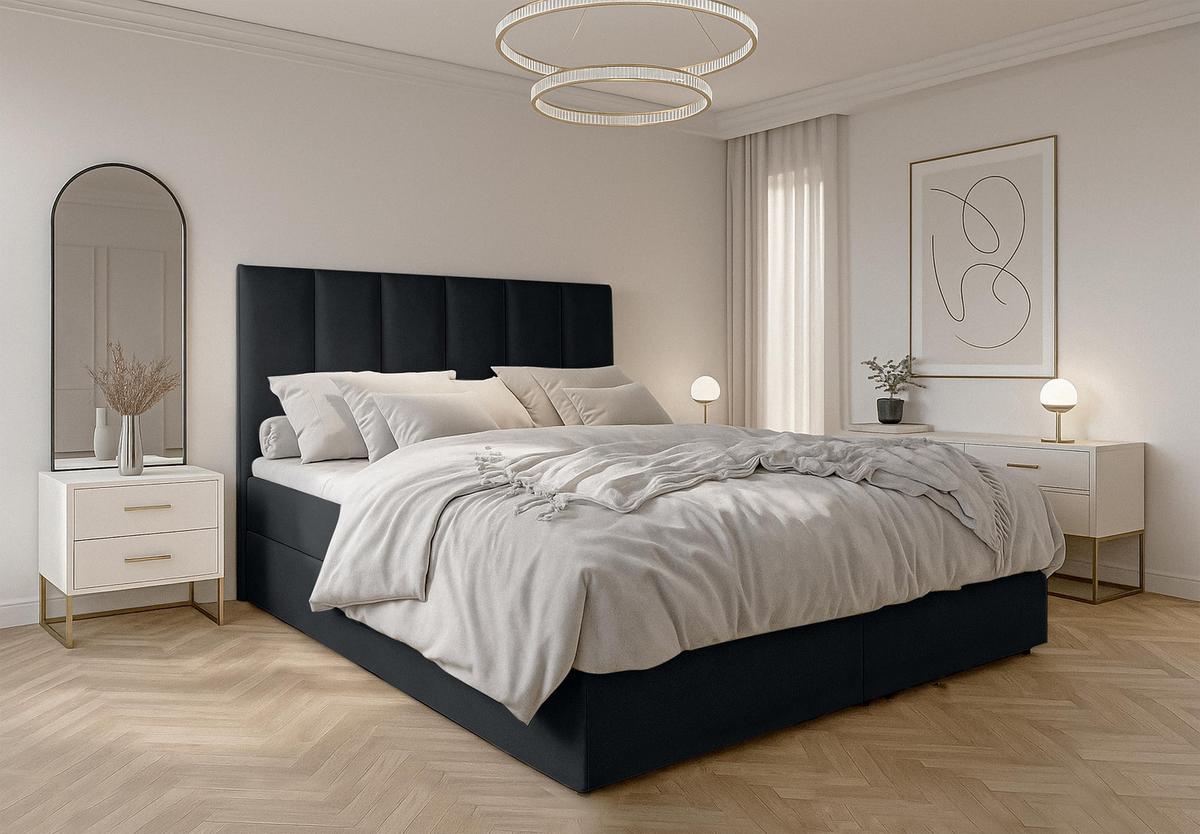 BOXBETT MEREA 180x200 cm mit Bettkasten und Matratze - Schwarz + TOPPER - Schwarz, Holz/Holzwerkstoff (180/200cm) - AX Living