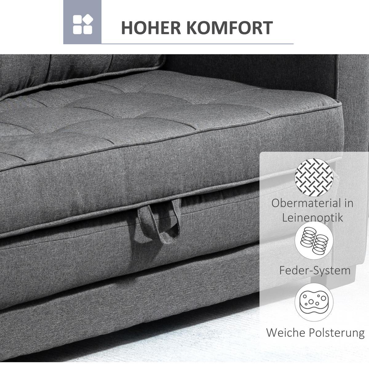 SCHLAFSOFA Klappsofa 2-Sitzer Sofa mit Schlaffunktion Leinen-Touch Holz Grau - Schwarz/Grau, Holz/Textil (75/85/147.5cm) - HOMCOM