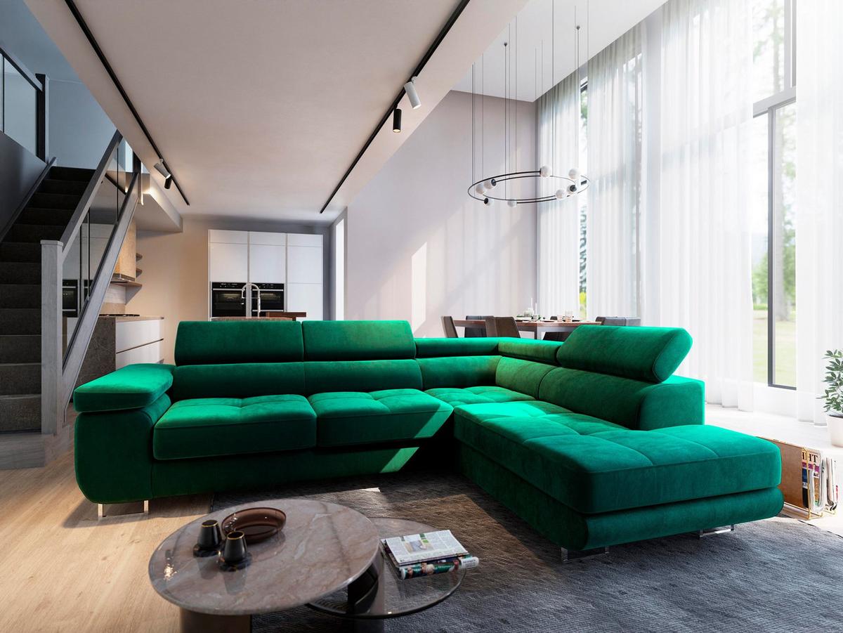 ECKSOFA SELVA R-S Grün Velours-Stoff mit Schlaffunktion - Silberfarben/Grün, Holz/Holzwerkstoff (275/202cm) - MASSENO
