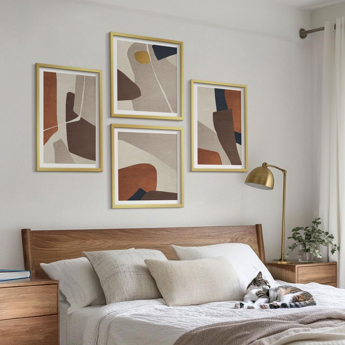 BILDER SET 4er Set - 50x50 cm & 40x60 cm Goldrahmen - Abstrakte moderne Formen - Goldfarben, Kunststoff (50/50cm) - TULUP