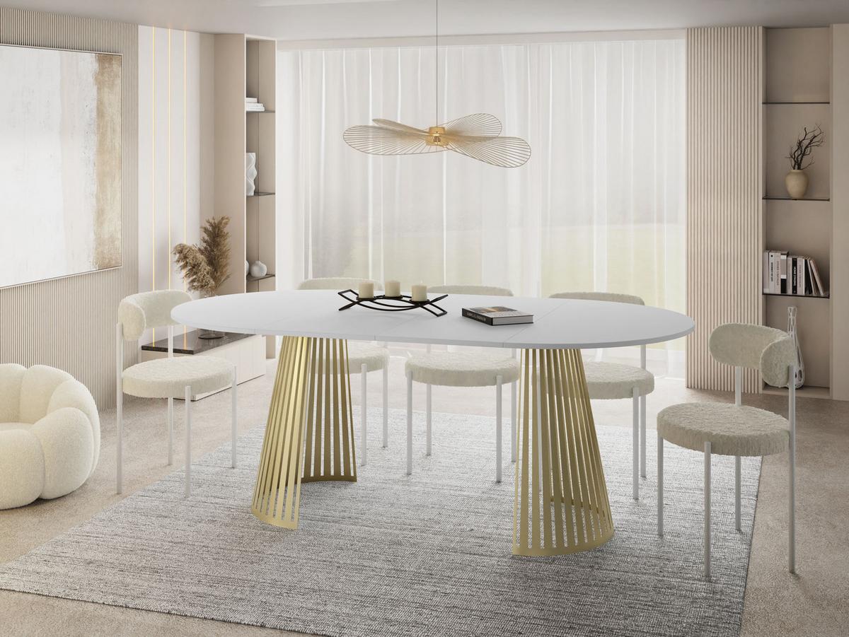 ESSTISCH Naro rund ausziehbar mit Goldenem Lamellen-Metallgestell, Weiß 100-180/100/76 cm - Goldfarben/Weiß, Holzwerkstoff/Metall (100/176/76cm) - WFL GROUP