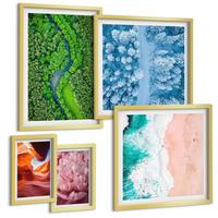 BILDER SET 5er Set - 50x50 cm & 20x30 cm & 40x60 cm Goldrahmen - Pferde, Bewegung, Strand, Leuchtturm, Berge - Goldfarben, Kunststoff (40/60cm) - TULUP