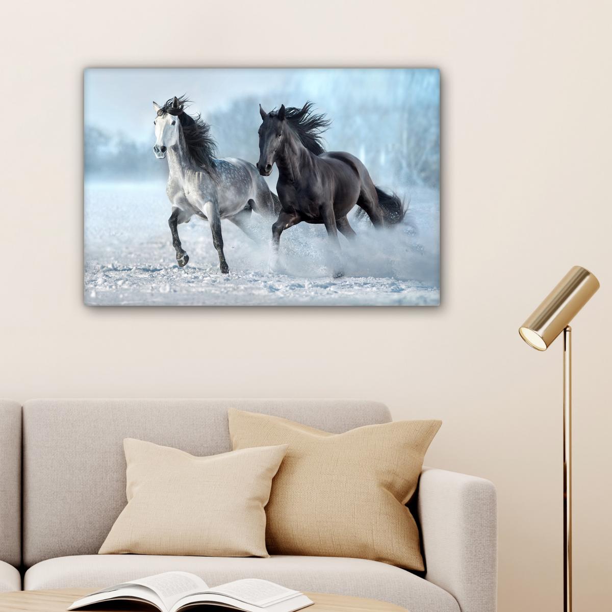 LEINWANDBILD Pferde - Winter - Tiere - Natur - Schnee Gemälde 60x40 cm - Anthrazit, Textil (60/40cm) - MuchoWow