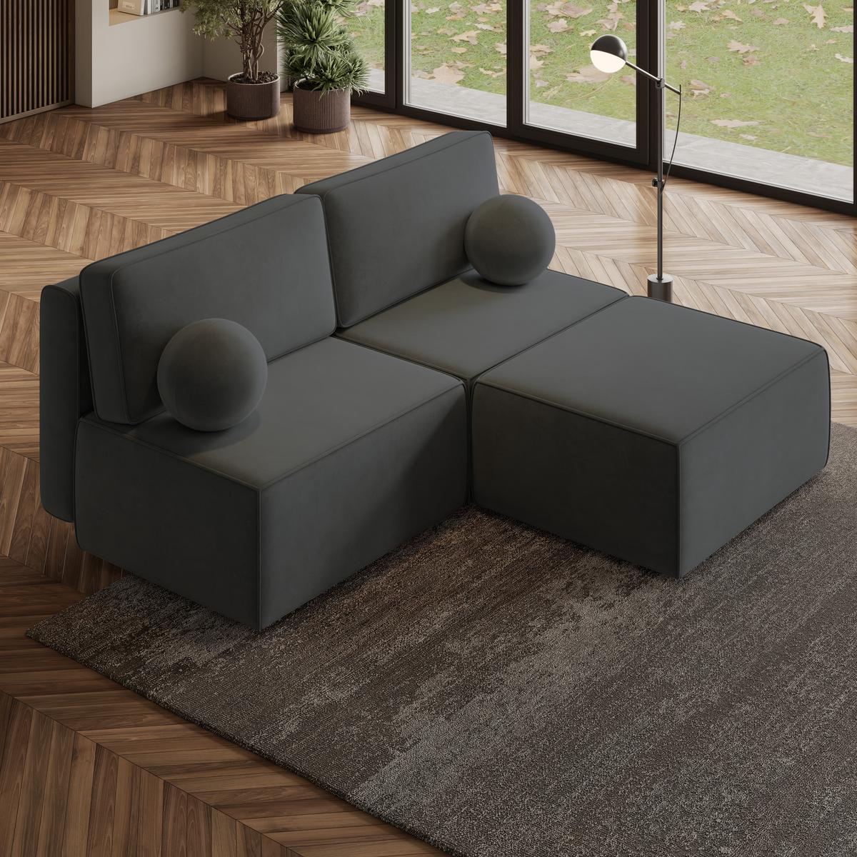 ECKSOFA VARNA M Schwarz Velours-Stoff mit Schlaffunktion - Schwarz/Grau, Holz/Kunststoff (196/158cm) - MASSENO
