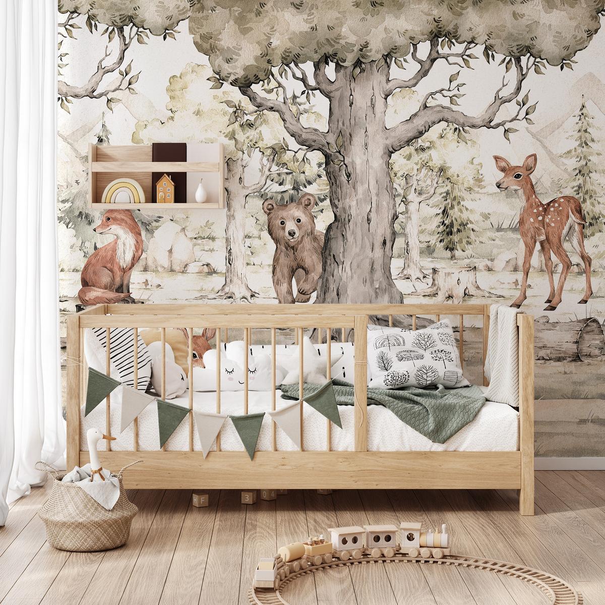 FOTOTAPETE für Kinderzimmer Waldtiere Aquarell Bär Fuchs Reh Bäume 200x140 - Beige/Orange, Papier (200/140cm) - Muralo