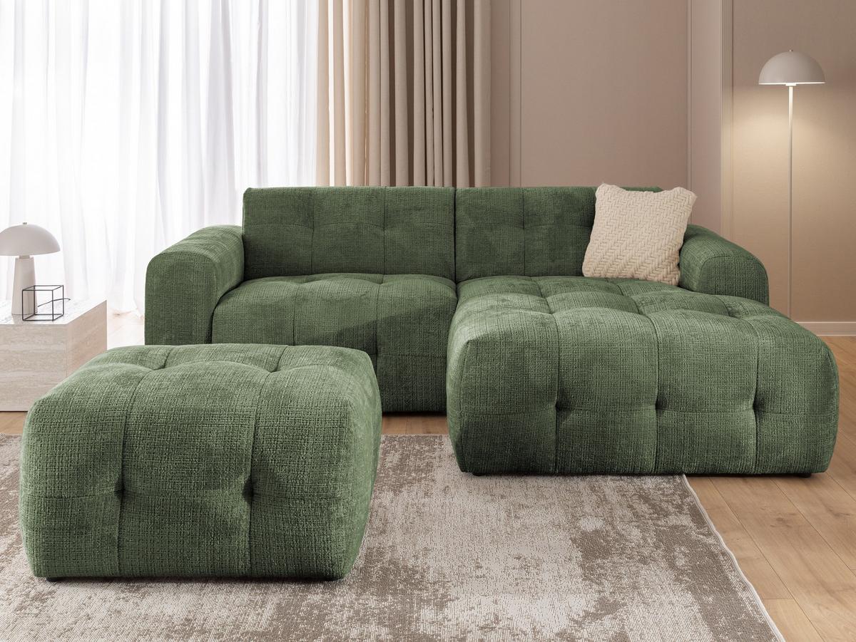 ECKSOFA inkl. Hocker Kozy im Bumpy-Design mit Schlaffunktion und fester Rückenlehne aus weichem Grün Chenille-Stoff - Ottomane rechts - Schwarz/Grün, Holz/Kunststoff (234/161cm) - S-Style Möbel
