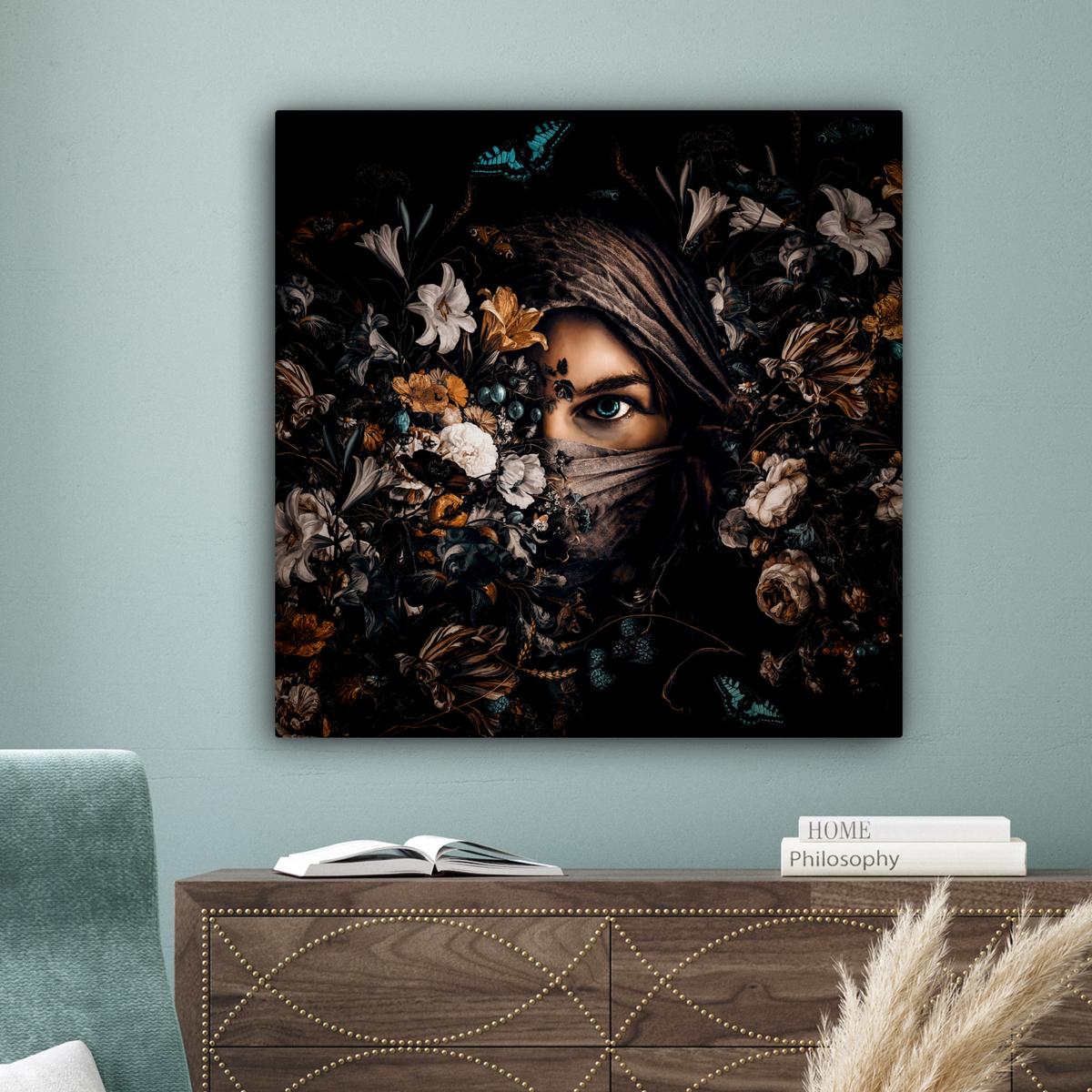 LEINWANDBILD Frau - Luxus - Blumen - Schmetterling - Porträt Deko Groß 90x90 cm - Schwarz, Textil (90/90cm) - MuchoWow