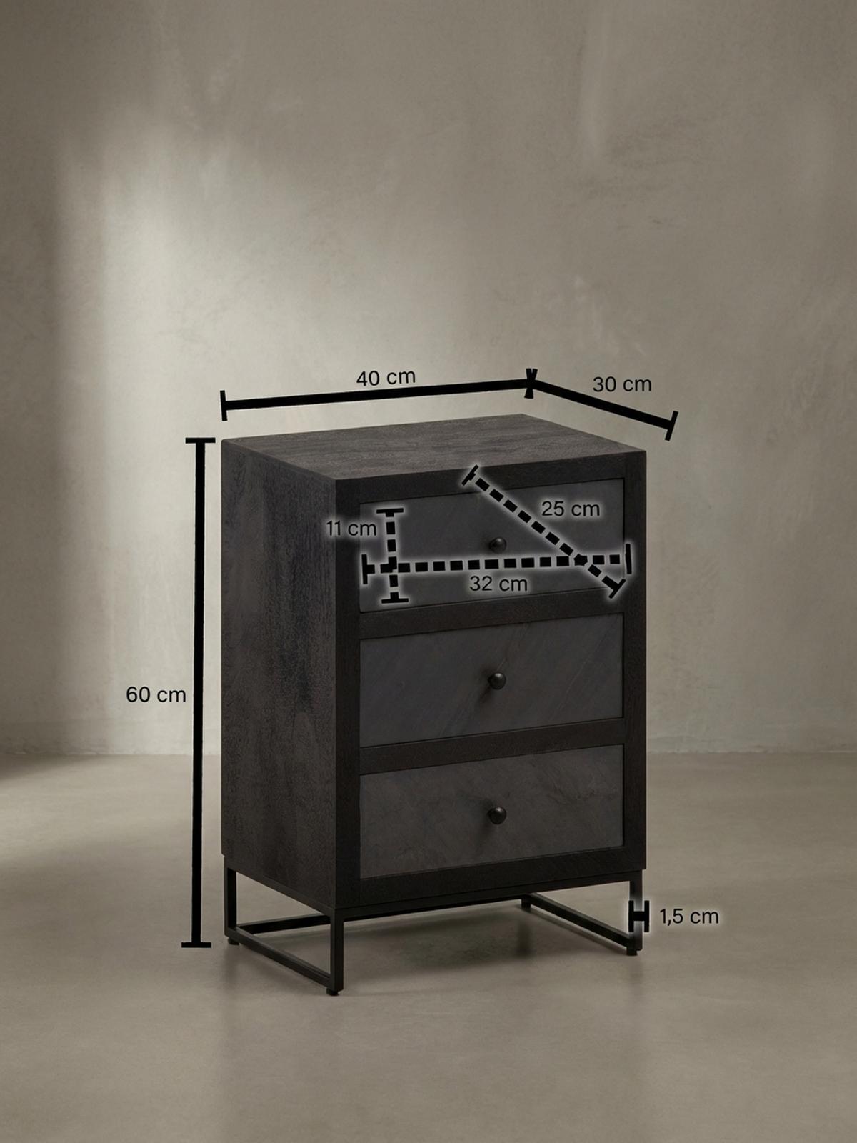NACHTTISCH Massivholz Steinoptik 3 Schubladen Metallgestell, Schwarz 40x30x60 cm - Schwarz, Holz/Metall (40/60/30cm) - KADIMA DESIGN