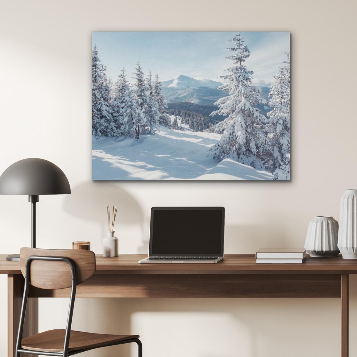 AKUSTIKBILD Winterlandschaft - Natur - Berge - Bäume - Schnee Gemälde 80x60 cm - Hellblau, Kunststoff (80/60/0.9cm) - MuchoWow