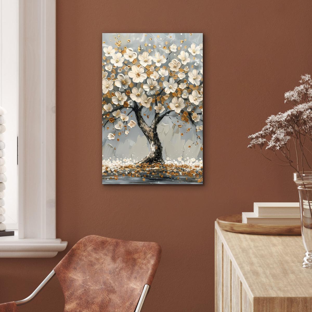 METALLBILD Baum - Blumen - Weiß - Natur - Kunst Deko Schlafzimmer 40x60 cm - Weiß, Metall (40/60cm) - MuchoWow