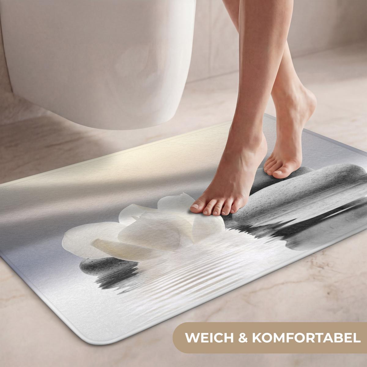 WC-VORLEGER Steine - Lotus - Weiß - Wasser - Zen Toilettenteppich 80x50 cm - Weiß, Textil (80/1cm) - OnlyWow