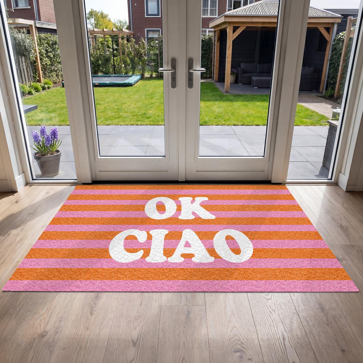 FUSSMATTE Ciao - Zitat - Streifen Sauberlaufmatte 180x120 cm - Orange, Kunststoff (180/0.4cm) - MuchoWow