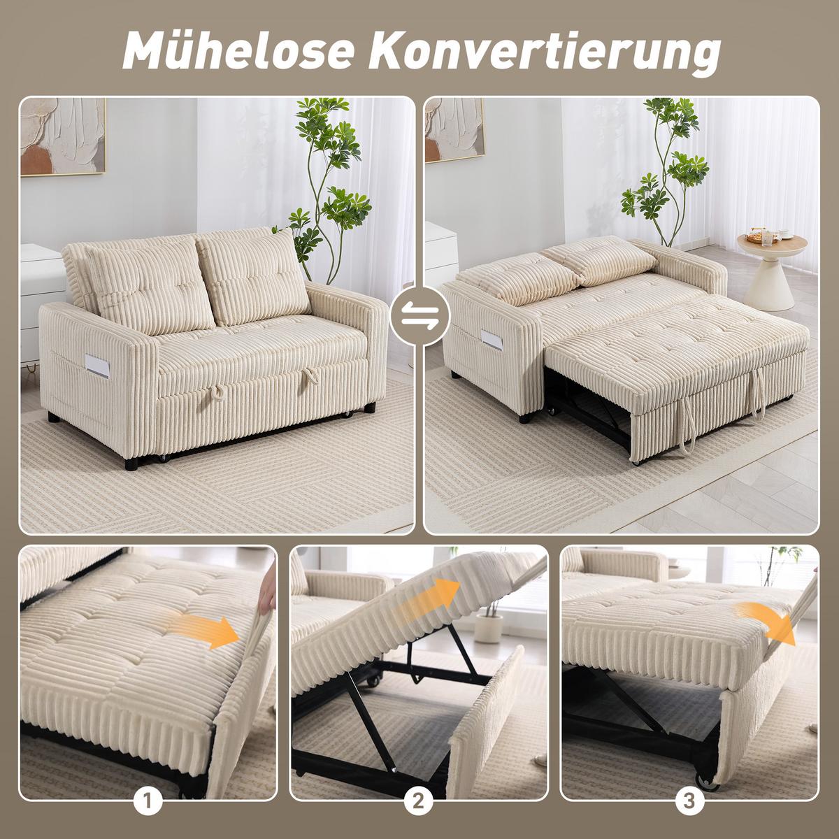 SCHLAFSOFA Polyester Stahl Cremeweiß - Creme/Schwarz, Kunststoff/Textil (90/91/157cm) - HOMCOM