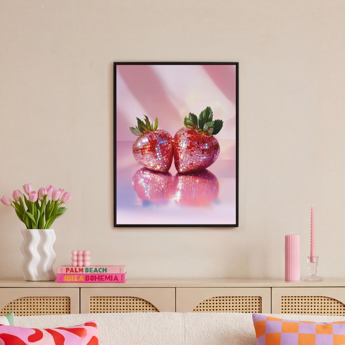 LEINWAND Bilder mit Rahmen - Disco - Obst - Glitzer - Erdbeere - 60x80 - Pink, Textil (60/80cm) - MuchoWow