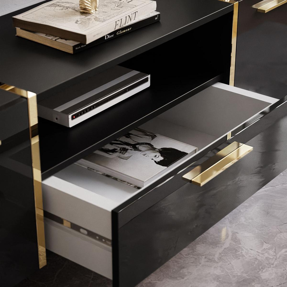 TV-ELEMENT ONYX AUF GOLDENEN BEINEN HOCHGLANZ 158 CM - Schwarz, Holzwerkstoff (158/53/41.3cm) - Lookway