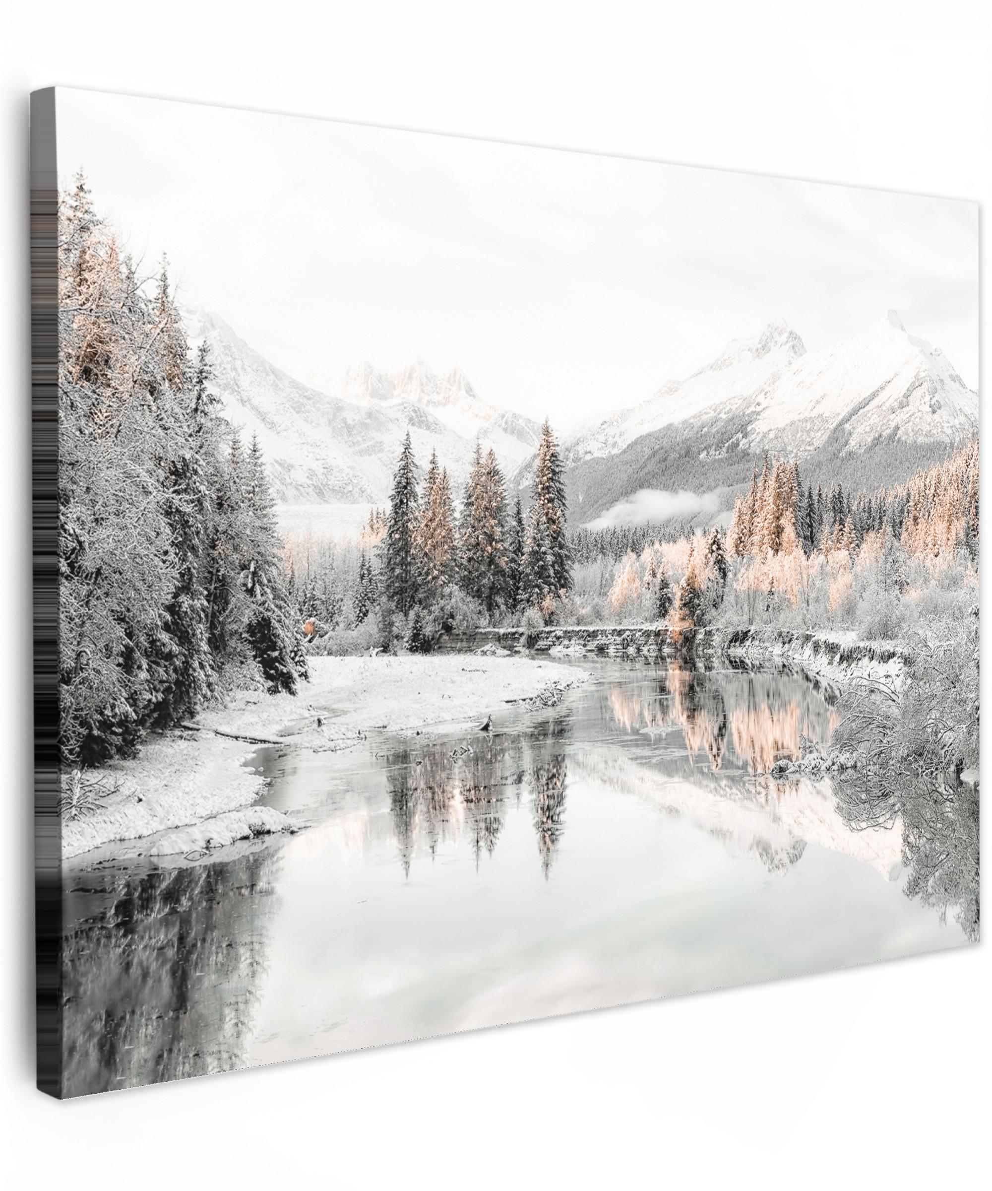 LEINWANDBILD Natur - Winter - Bäume - Berge - Schnee Wandbild 40x30 cm - Weiß Hochglanz, Textil (40/30cm) - MuchoWow